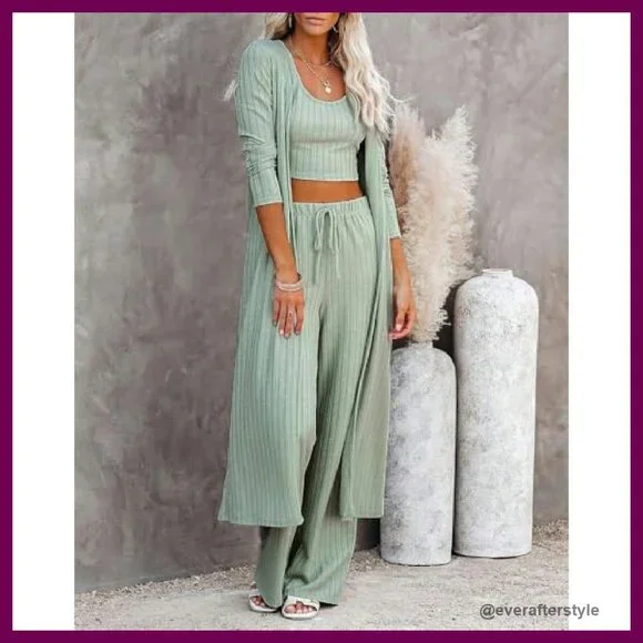 3 Piece Lounge Set Knit Cardigan Crop Top Wide Leg Pants Comfy Chic